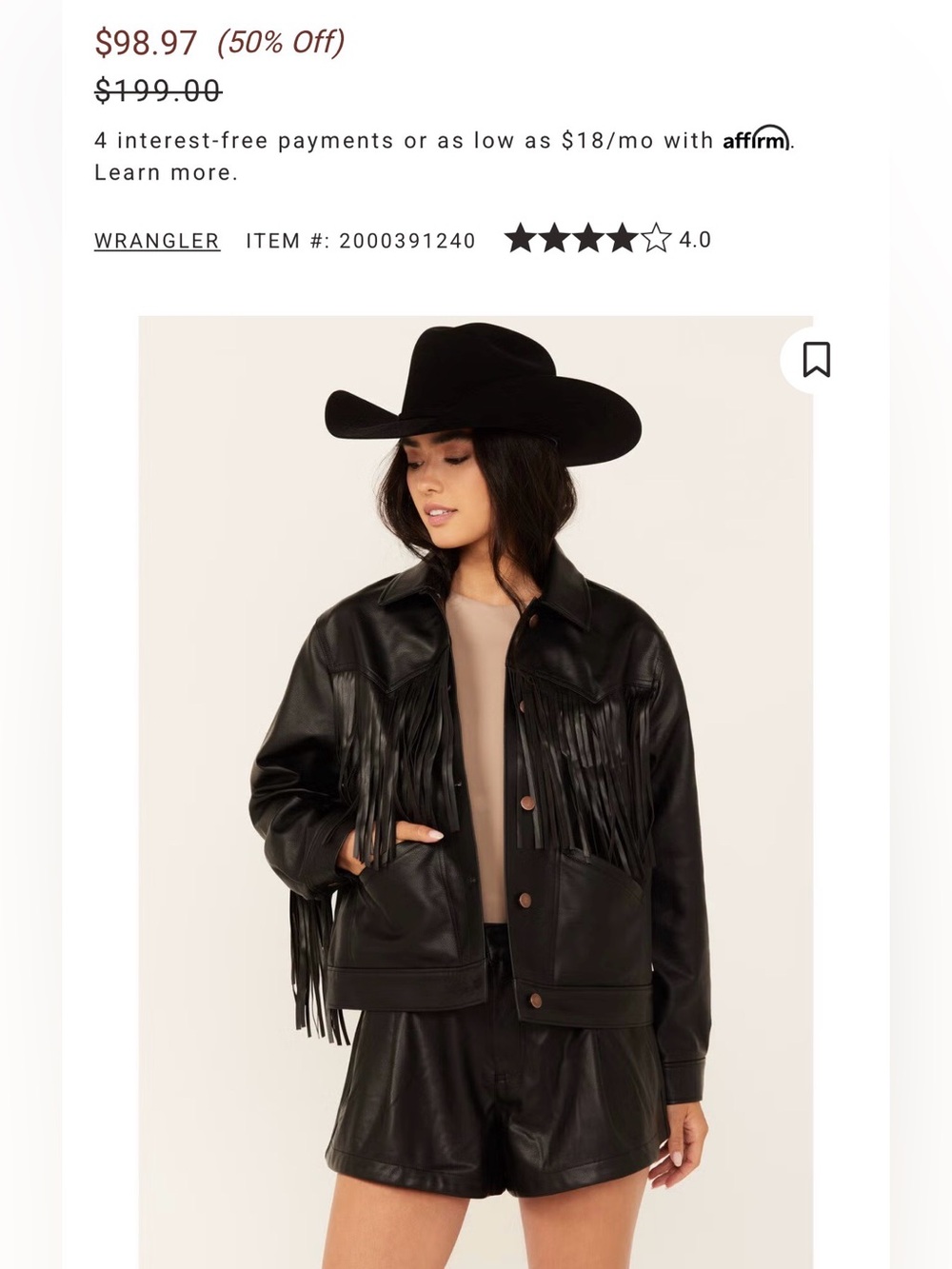 Wrangler Black Fringe Faux Leather Western Jacket